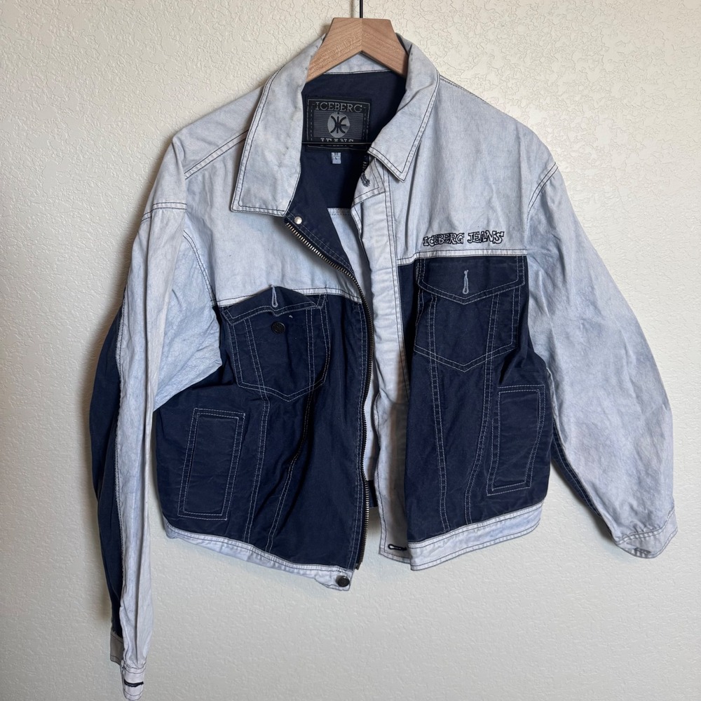 Vintage 90s Streetwear Iceberg Jeans Coated Denim Jacket Large Blue Colorblock